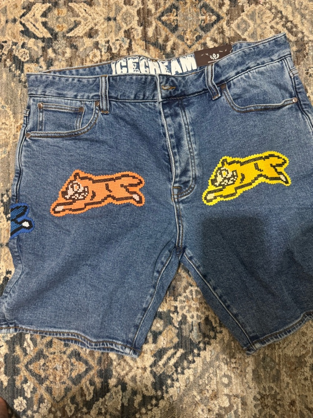 Icecream Denim Shorts with Orange and Yellow Cat Patches